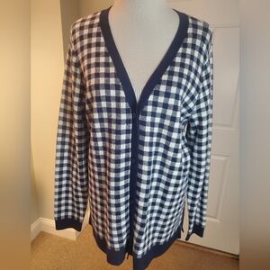 Denim&Co Navy and White Checkered Button Front Cardigan